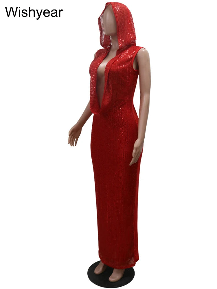 Luxury Red Hooded Dress for Women with Sequins