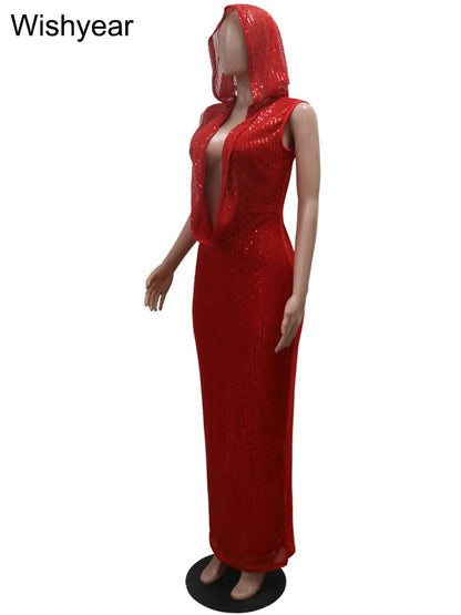 Luxury Red Hooded Dress for Women with Sequins