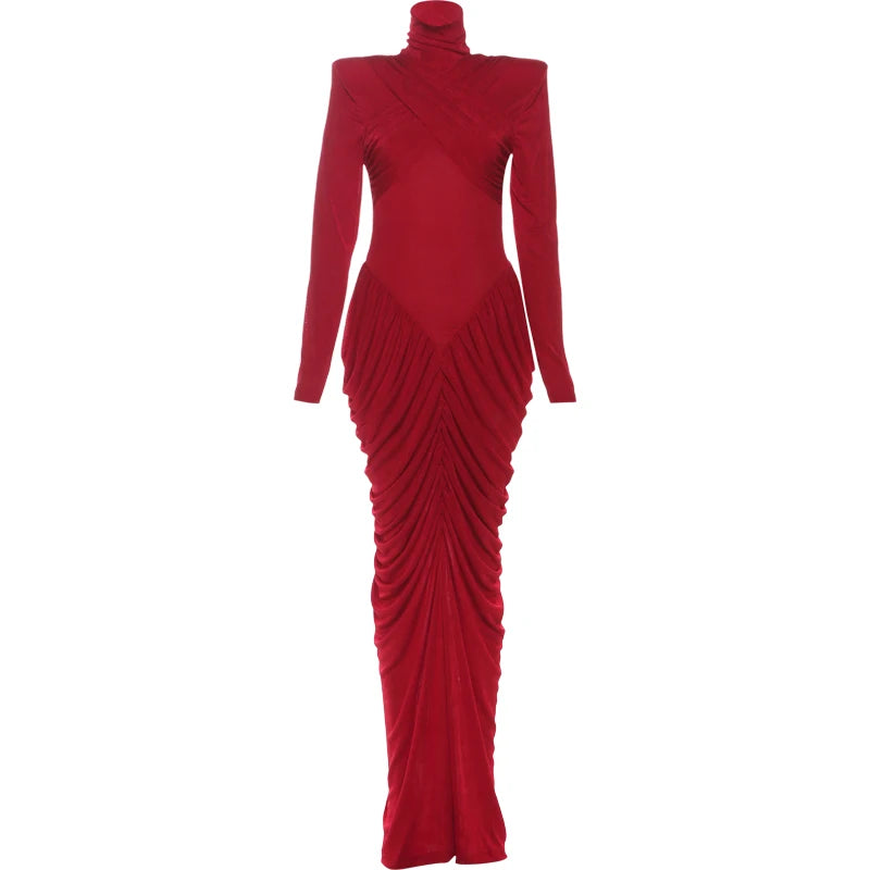 Maxi Dress Women Turtleneck Full Sleeve Backless