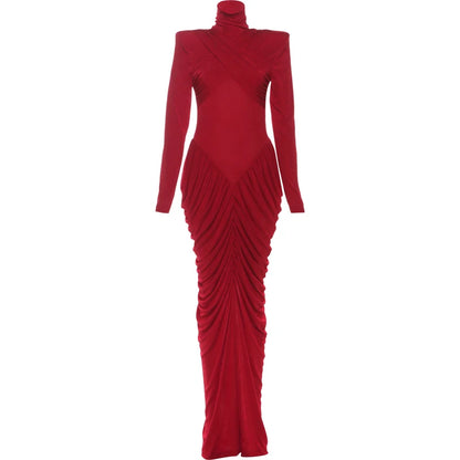 Maxi Dress Women Turtleneck Full Sleeve Backless