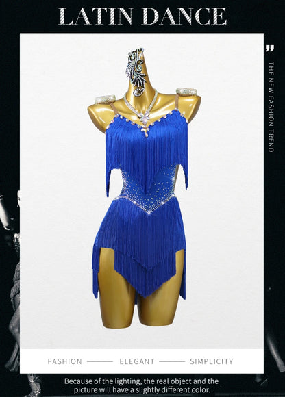 Latin Performance Dance Dress Women Blue Fringe Skirt