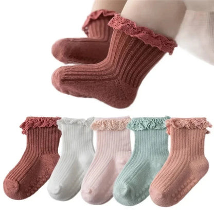 Cotton Lace Socks for Toddler Girls Non-slip Half Knee