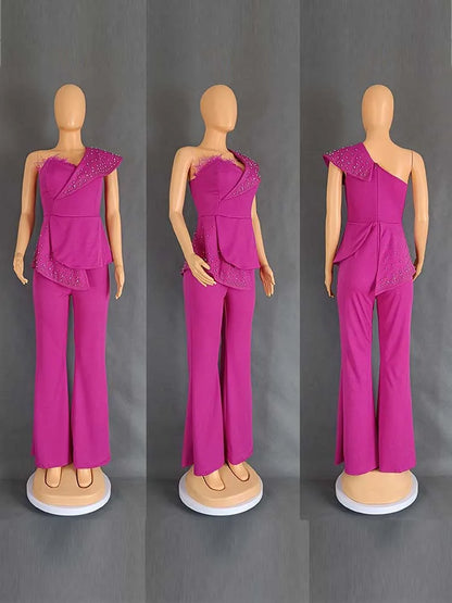 High Waist Strapless Jumpsuit with Rivet Collar for Women