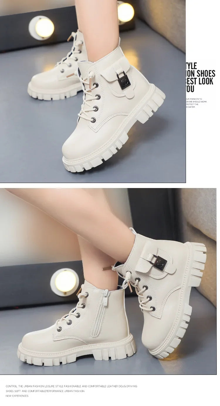 Girls PU Leather Ankle Boots with Anti-slip Sole