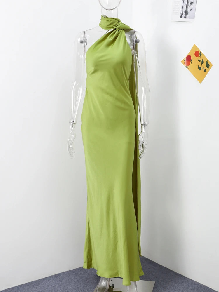 Elegant Halter Dress Women Solid Backless Maxi Dress