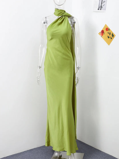 Elegant Halter Dress Women Solid Backless Maxi Dress