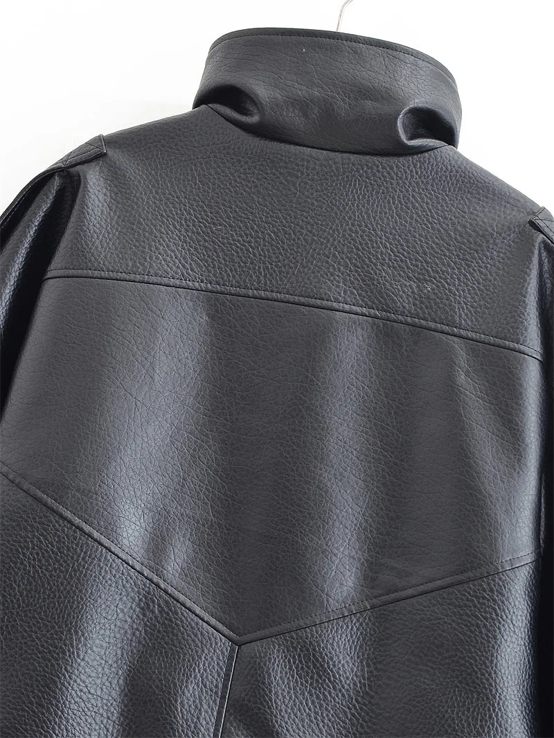 Black Long Sleeve Faux Leather Motorcycle Jacket