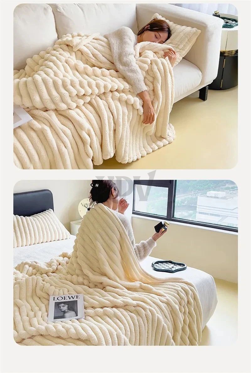 Luxury Faux Rabbit Fur Throw Blanket Solid Color Plush