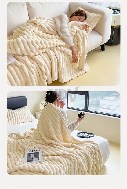 Luxury Faux Rabbit Fur Throw Blanket Solid Color Plush