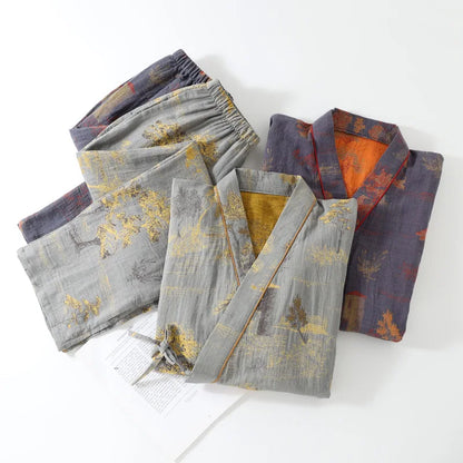 Men's Cotton Kimono Robe and Pajama Set