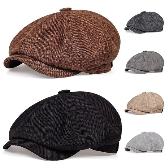 Men's Casual Linen Newsboy Hat Striped Beret Cap