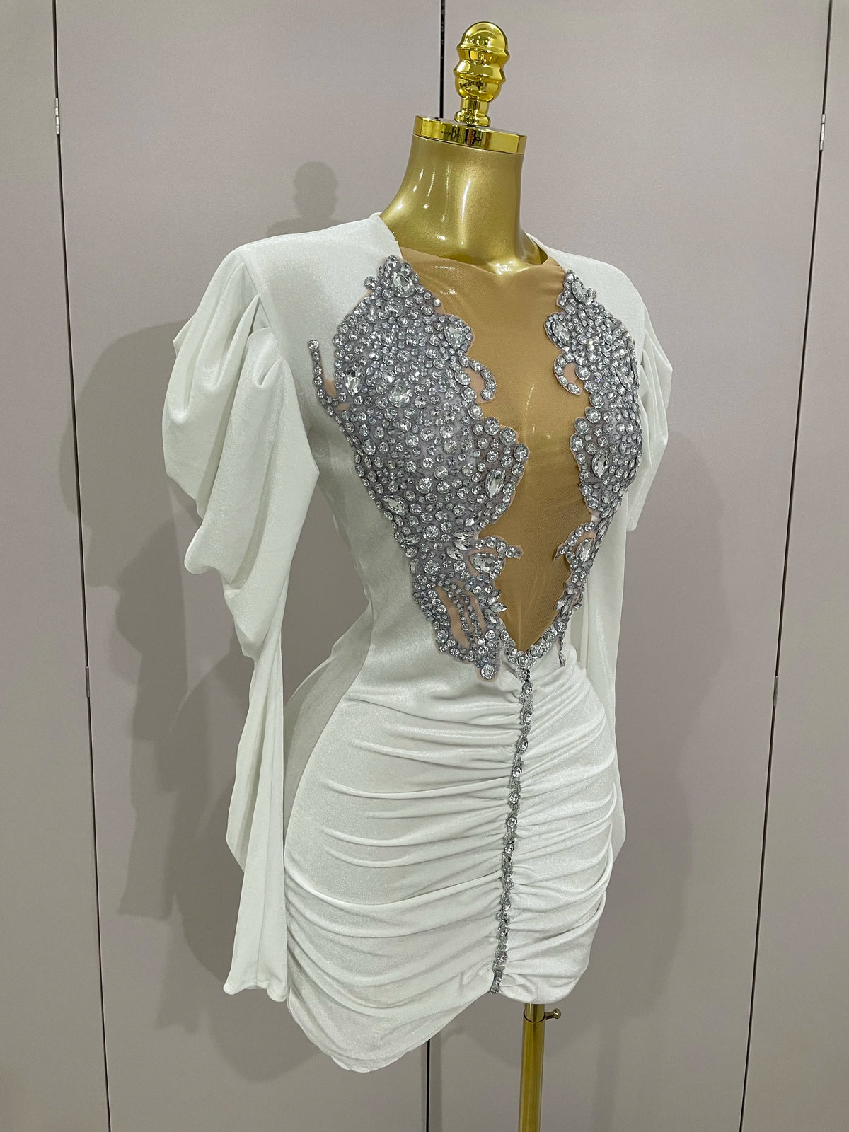 White Velvet Sexy Mesh Short Dress with Crystals