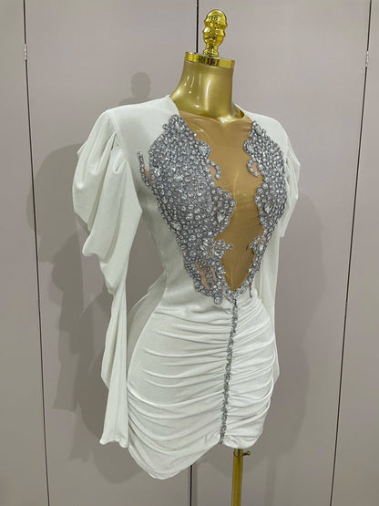 White Velvet Sexy Mesh Short Dress with Crystals