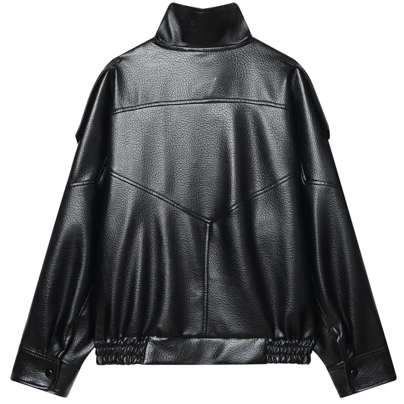 HXAO Black Faux Leather Cropped Bomber Jacket