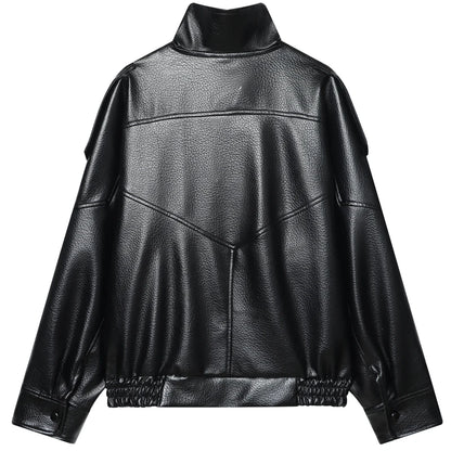 HXAO Black Faux Leather Cropped Bomber Jacket