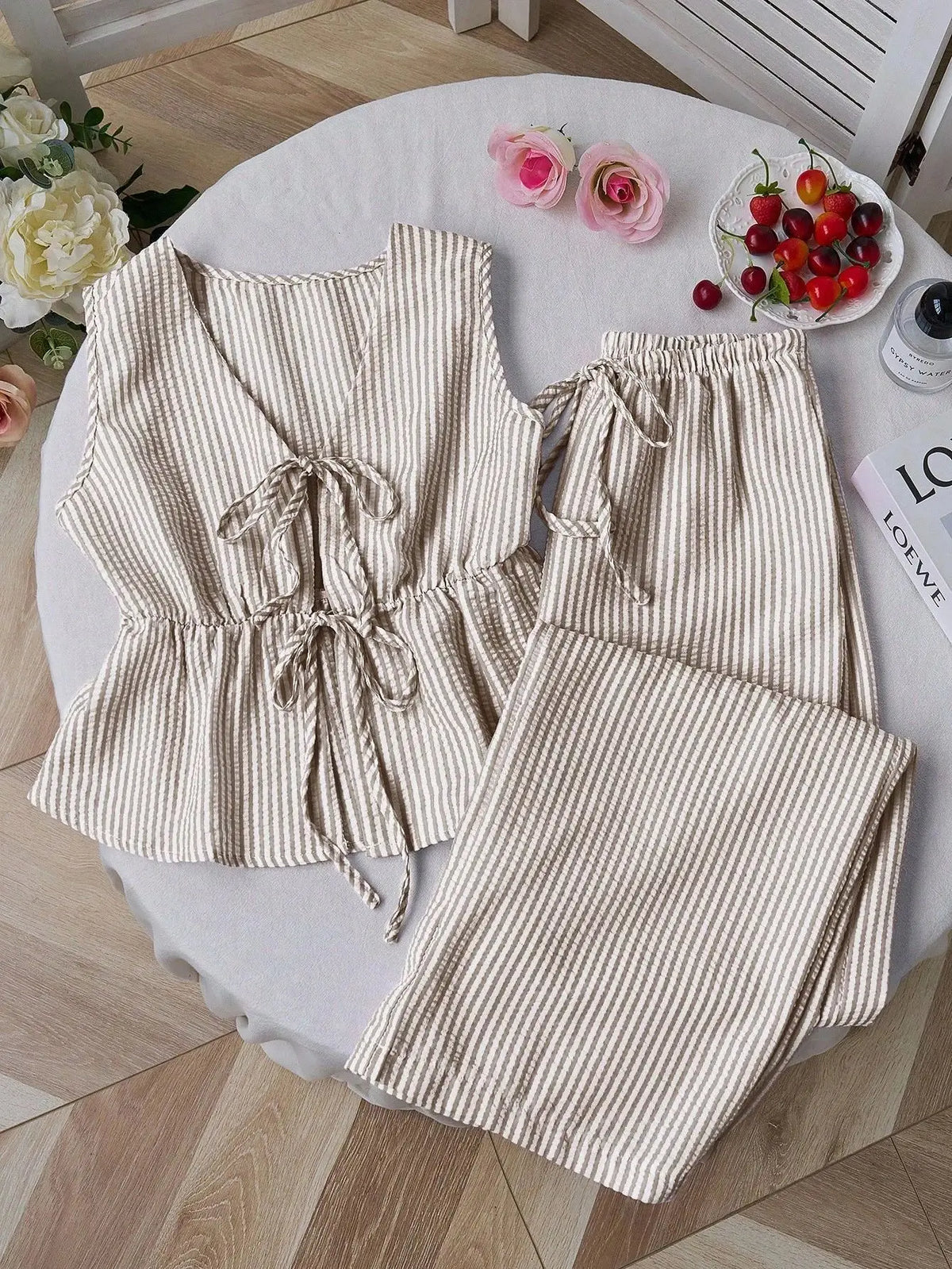 Women Striped V Neck Lace Up Blouse and Wide Leg Pants Set