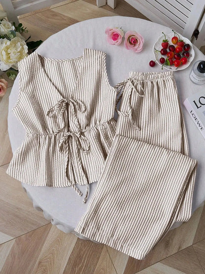 Women Striped V Neck Lace Up Blouse and Wide Leg Pants Set