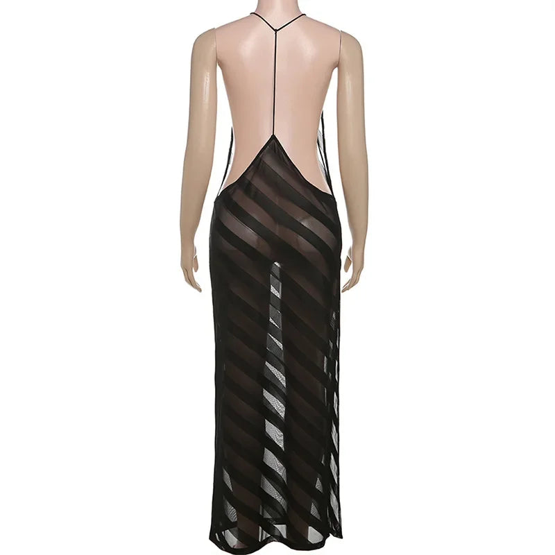 Mesh See Through Halter Maxi Dress for Women