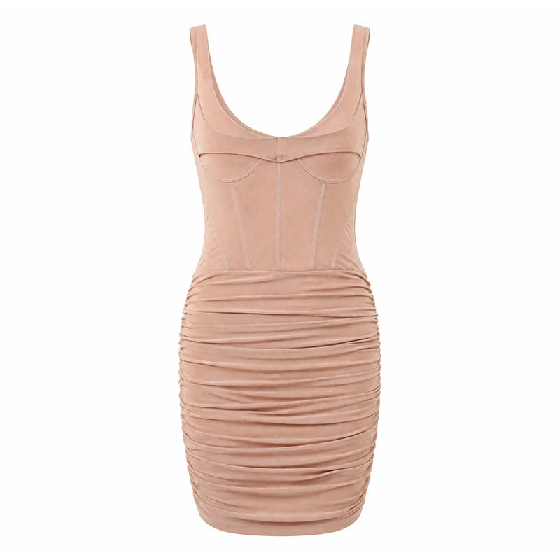 Elegant Fishbone V-neck Mini Dress Women Sleeveless Polyester
