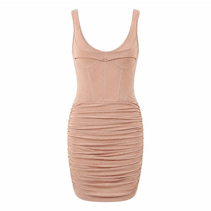 Elegant Fishbone V-neck Mini Dress Women Sleeveless Polyester