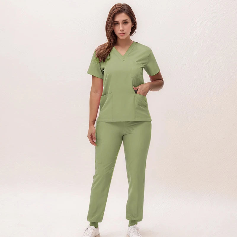 Stretchy V-Neck Nurse Scrub Set Jogger Pants