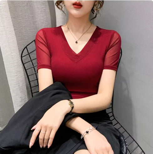 Women Slim Fit Long Sleeve Mesh T-Shirt