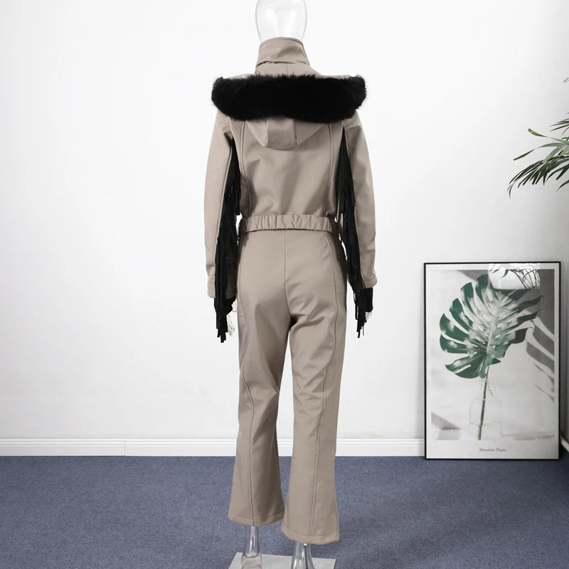 Women's Ski Suit with Fur Hood and Zippers
