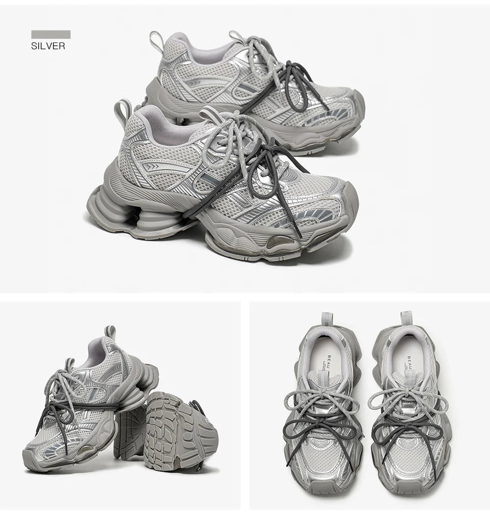 Chunky Sneakers Women Synthetic Leather Mesh Lace-up Trainers
