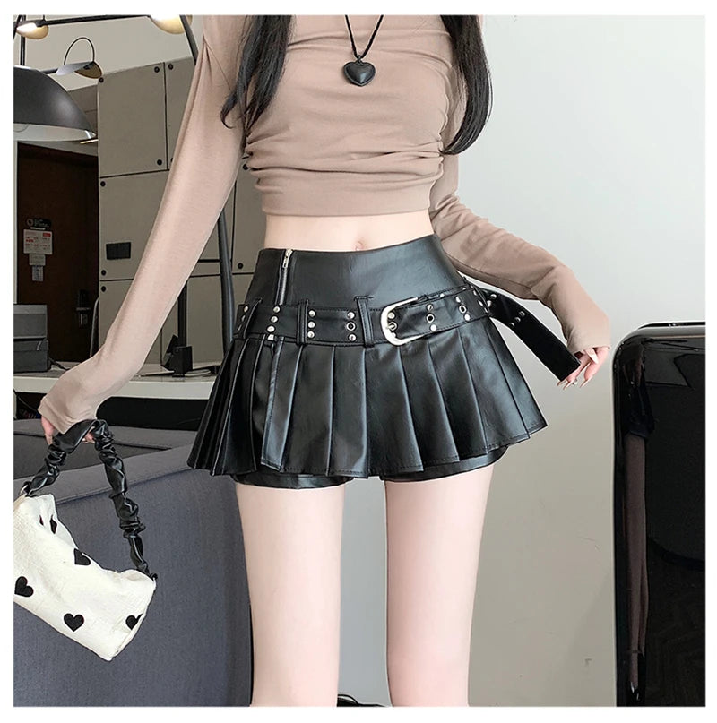 Black Pleated Leather A-line Skirt for Women