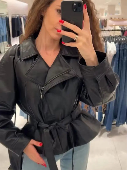 Black Faux Leather Vintage Trench Coat for Women