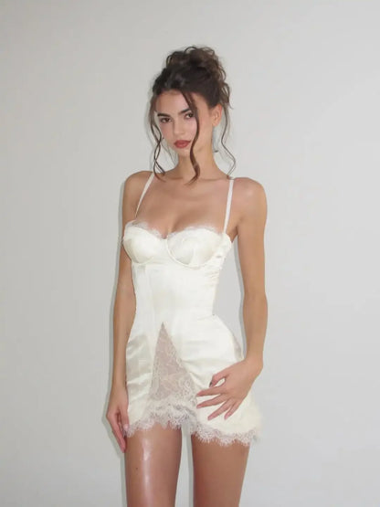 Women White Lace Trim Corset Mini Dress