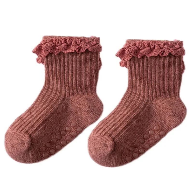 Cotton Lace Socks for Toddler Girls Non-slip Half Knee