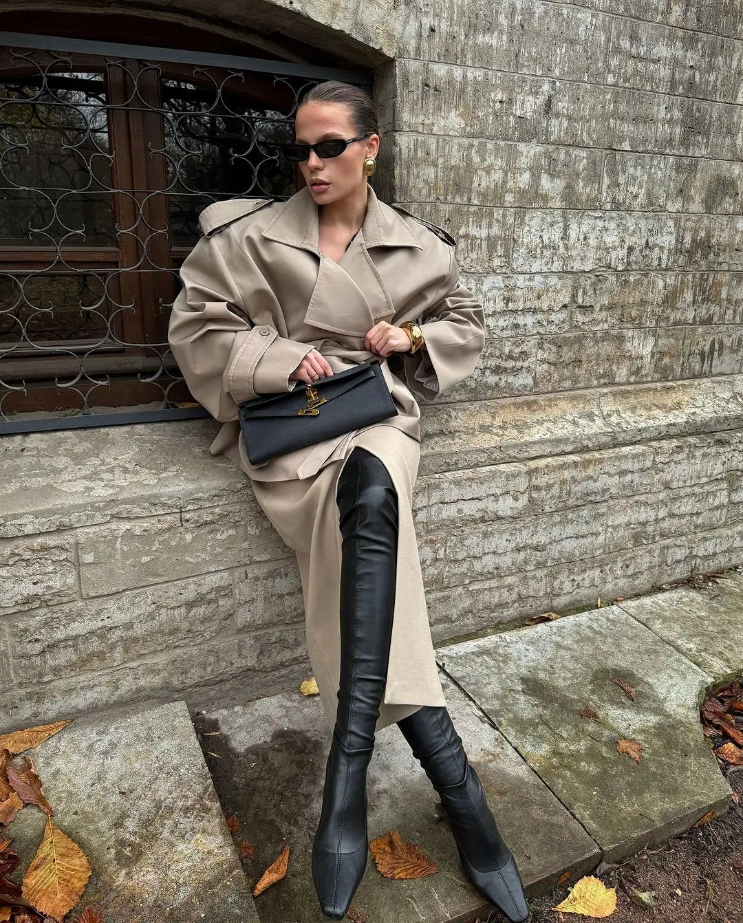 Lapel Lace Up Trench Coat Women Casual Long Sleeve