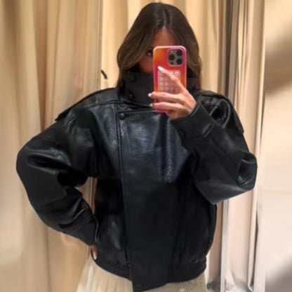 HXAO Black Faux Leather Cropped Bomber Jacket