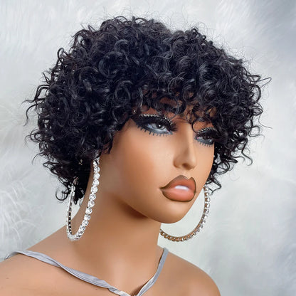 Pixie Cut Afro Curly Human Hair Wig with Bangs