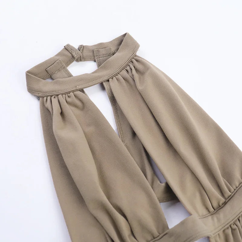 Khaki Halter Cut-Out Maxi Dress for Elegant Parties