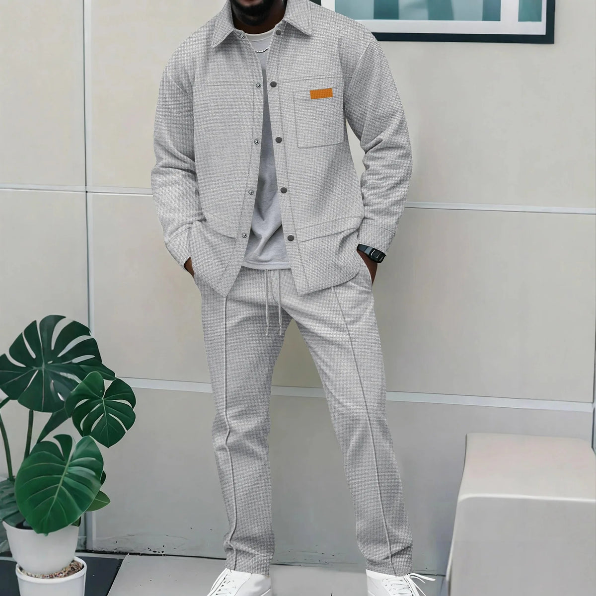 Men's Casual Waffle Pocket Jacket Set in Polyester