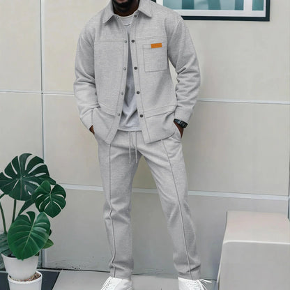 Men's Casual Waffle Pocket Jacket Set in Polyester