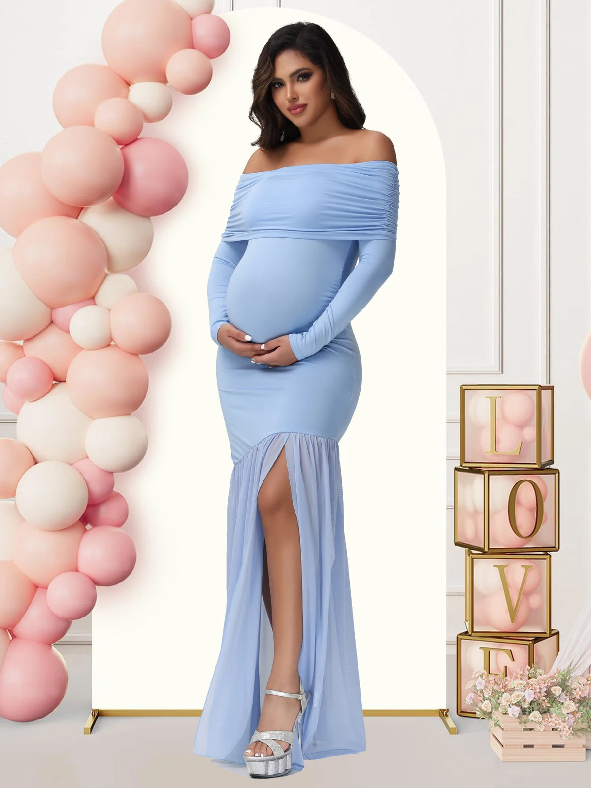 Elegant Off-Shoulder Maternity Dress with Slits