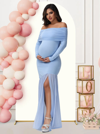 Elegant Off-Shoulder Maternity Dress with Slits
