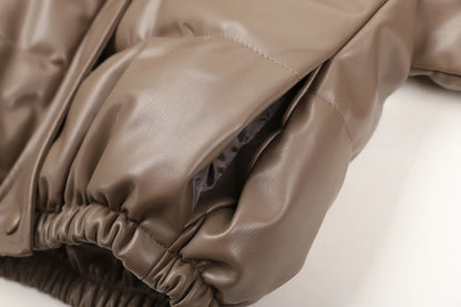 Black PU Leather Women's Winter Parka Jacket