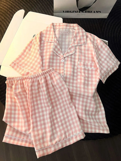 Japanese Minimalist Women's Pink Plaid Pajamas
