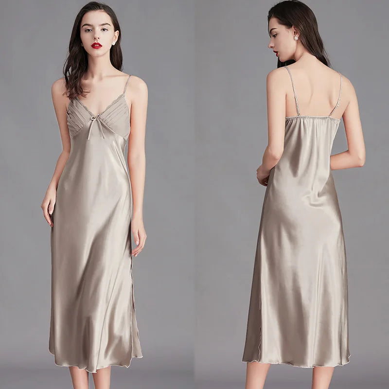 Long Sleeveless Satin Silk Nightgown for Women