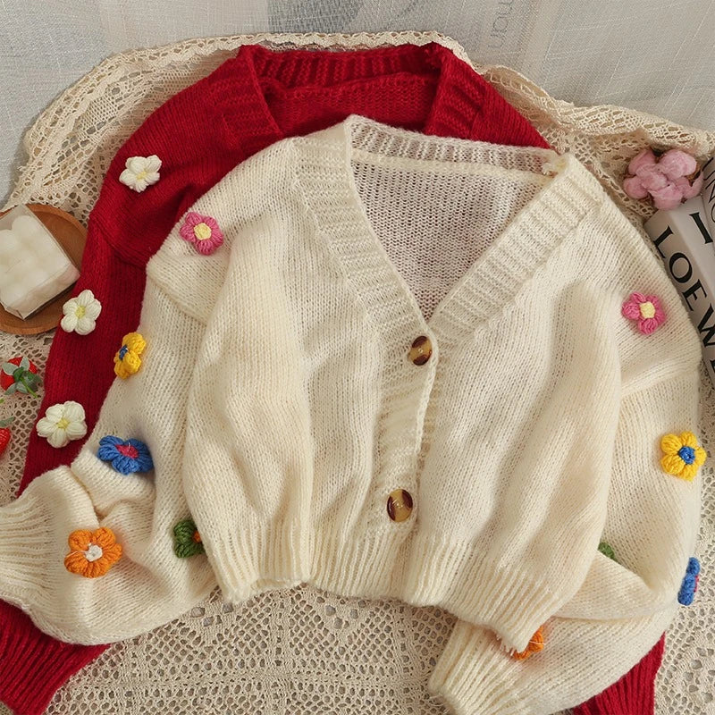 Applique Flower V-Neck Knit Cardigan for Women