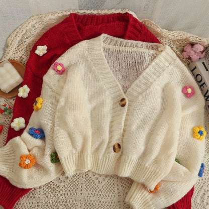 Applique Flower V-Neck Knit Cardigan for Women