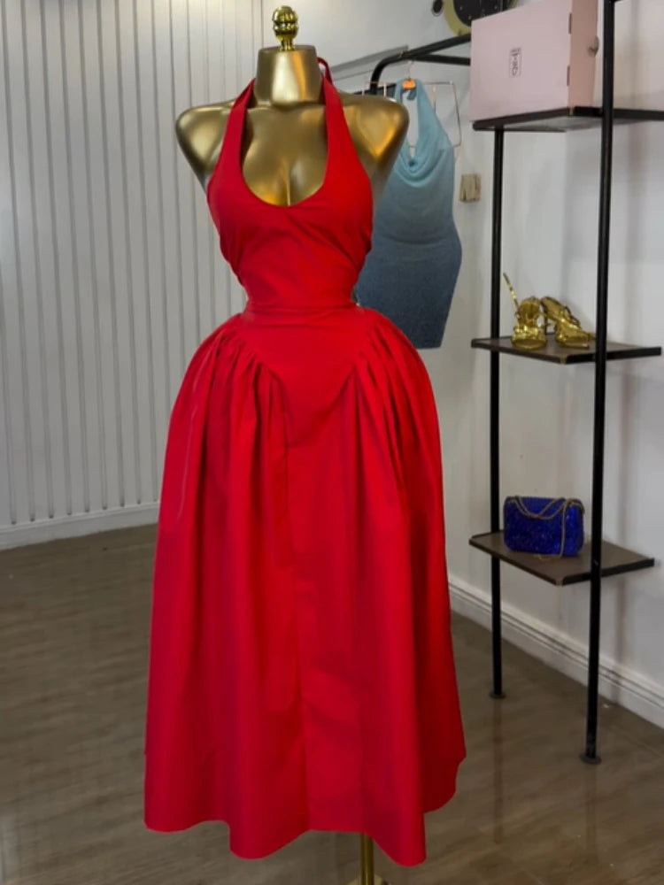 Women Halter V-neck Backless Maxi Dress Polyester