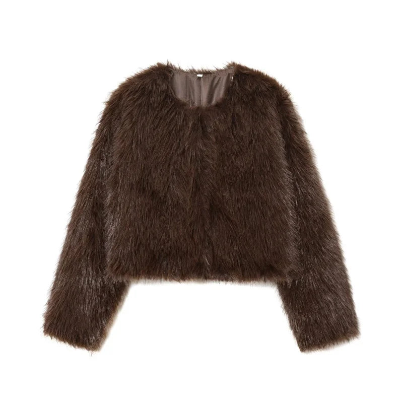 Women's Faux Fur Round Neck Short Jacket