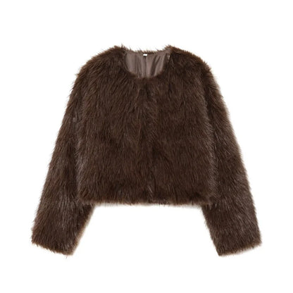 Women's Faux Fur Round Neck Short Jacket