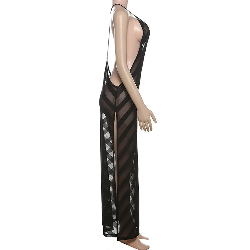 Mesh See Through Halter Maxi Dress for Women