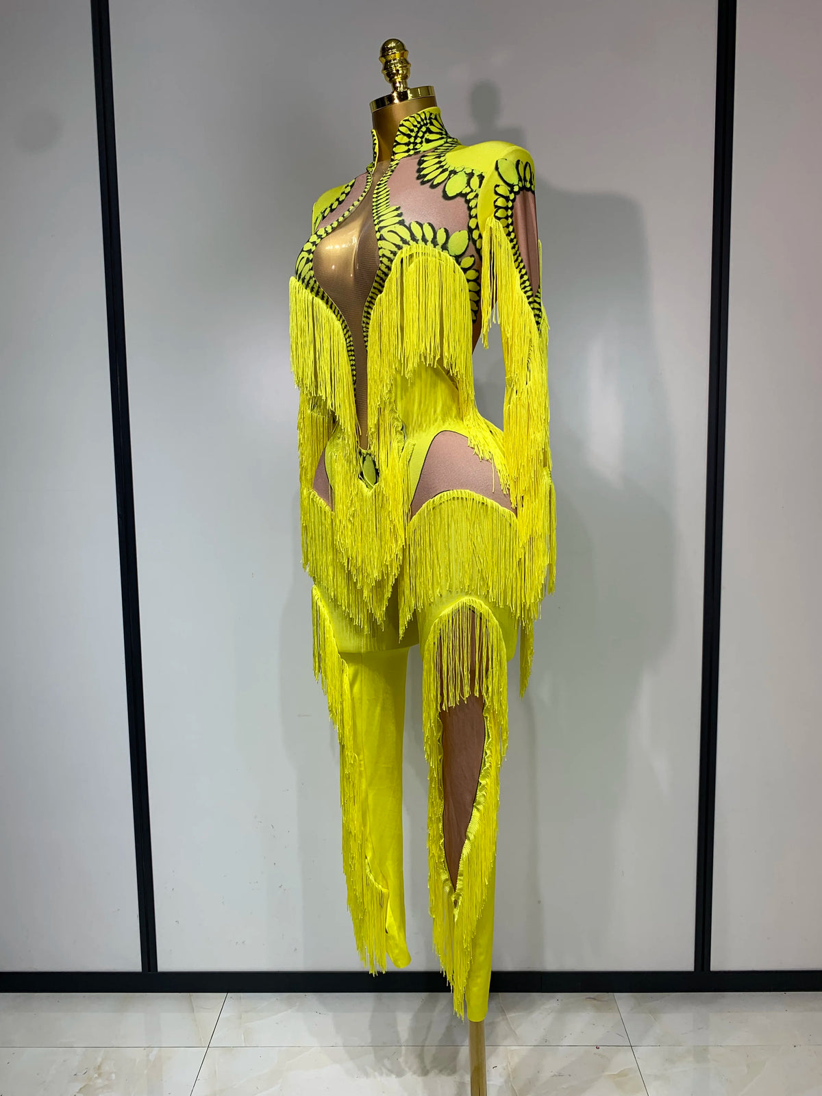 Yellow Polyester Bodycon Jumpsuit with Tassels